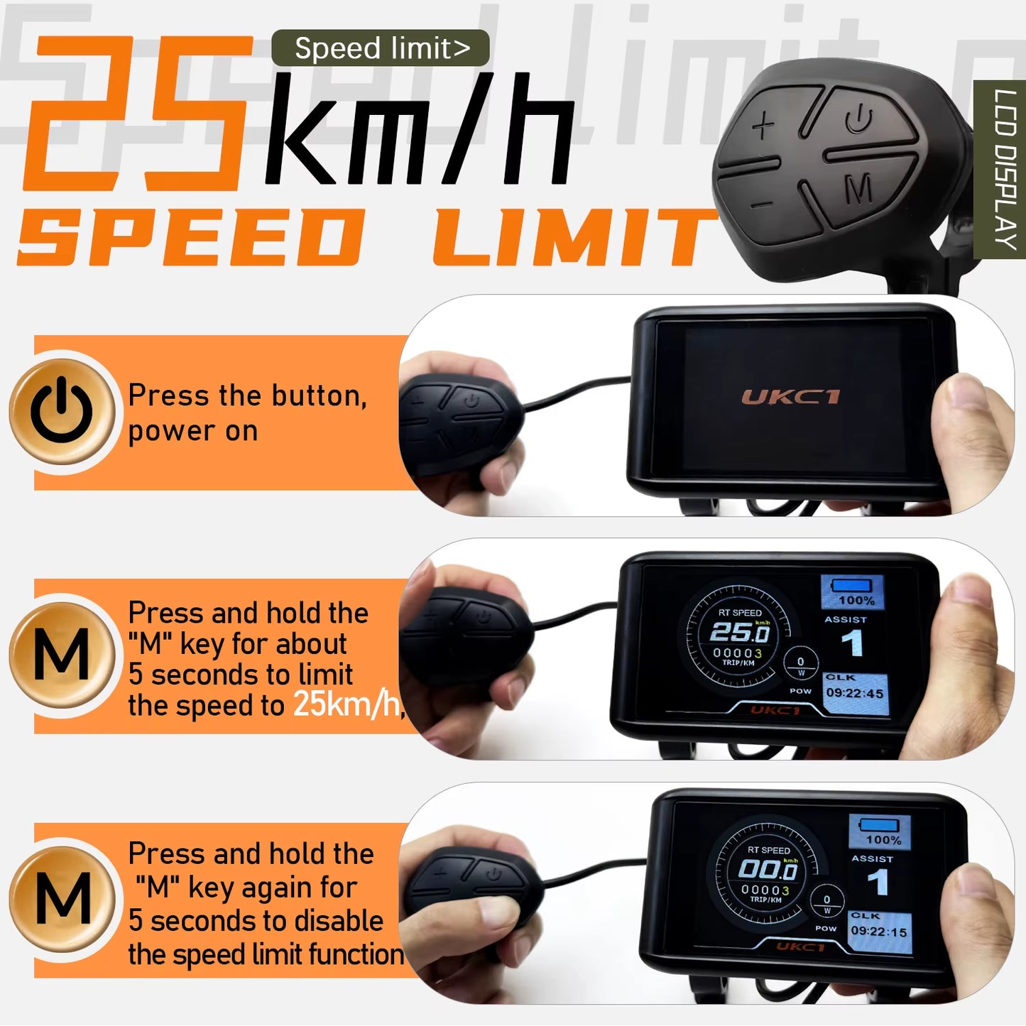 Electric Bike LCD Display Color 24V36V48V52V60V72V UKC1 Ebike Display Sm/Waterproof Plug for UART2 Protocol Controller