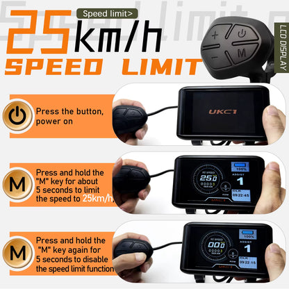 Electric Bike LCD Display Color 24V36V48V52V60V72V UKC1 Ebike Display Sm/Waterproof Plug for UART2 Protocol Controller