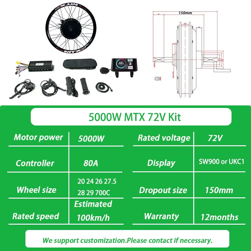 72V 3000W Ebike Conversion Kit Brushless Gearless Rear Rotate Hub Motor Wheel Speed 100-105Km/H for Electric Bike Kit 20-29Inch