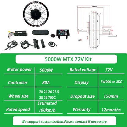72V 3000W Ebike Conversion Kit Brushless Gearless Rear Rotate Hub Motor Wheel Speed 100-105Km/H for Electric Bike Kit 20-29Inch