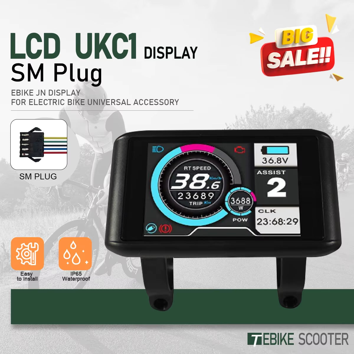 Electric Bike LCD Display Color 24V36V48V52V60V72V UKC1 Ebike Display Sm/Waterproof Plug for UART2 Protocol Controller