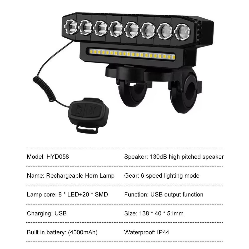 LED Bike Headlight LED Light Bar with 130DB Bell Bicycle Front Light 4000Mah Power Bank 6 Light Modes USB Charging Bicycle Lamp