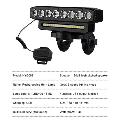 LED Bike Headlight LED Light Bar with 130DB Bell Bicycle Front Light 4000Mah Power Bank 6 Light Modes USB Charging Bicycle Lamp