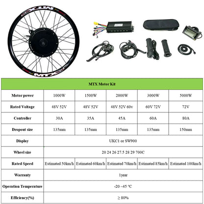 72V 3000W Ebike Conversion Kit Brushless Gearless Rear Rotate Hub Motor Wheel Speed 100-105Km/H for Electric Bike Kit 20-29Inch