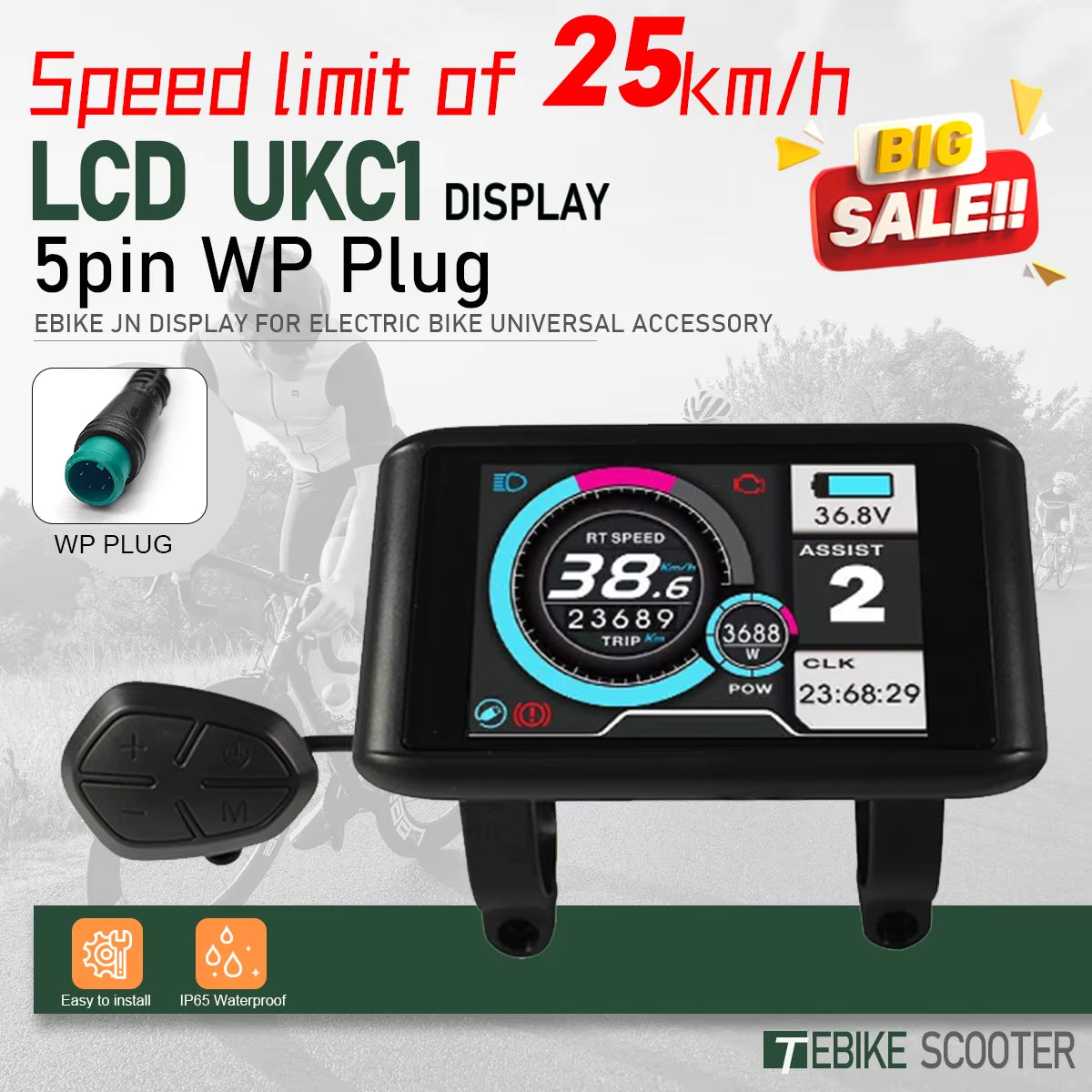 Electric Bike LCD Display Color 24V36V48V52V60V72V UKC1 Ebike Display Sm/Waterproof Plug for UART2 Protocol Controller