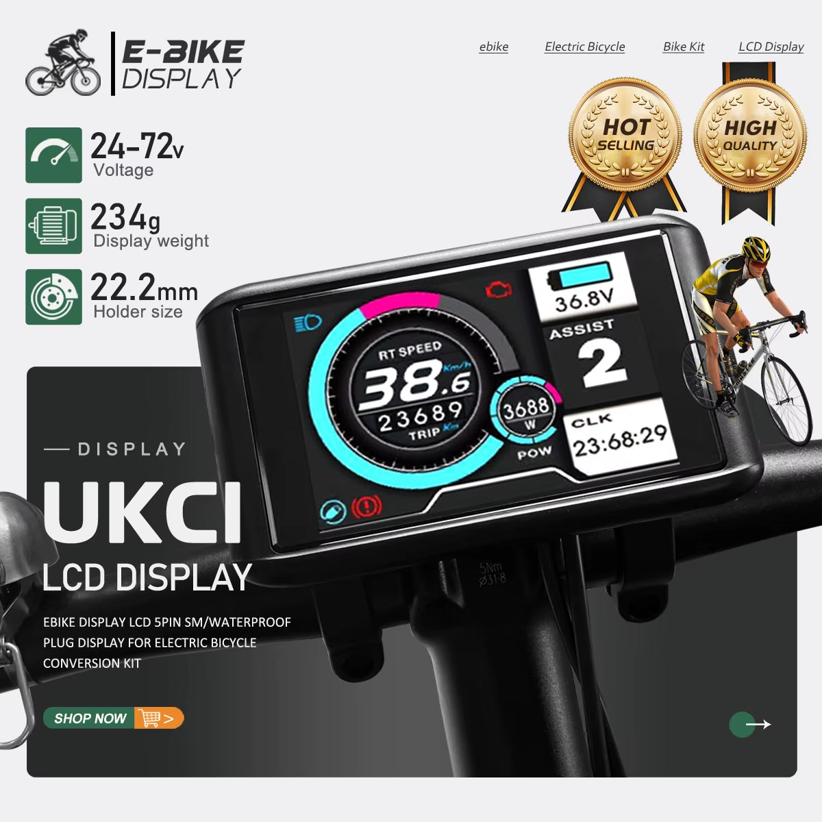 Electric Bike LCD Display Color 24V36V48V52V60V72V UKC1 Ebike Display Sm/Waterproof Plug for UART2 Protocol Controller