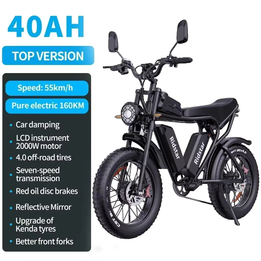 Electric Bike q20 2000W Dual Motor 52V 40AH Dual Battery Adult E-Bike 20 Inch Tire for Mountain Off-Road Electric Bicycle