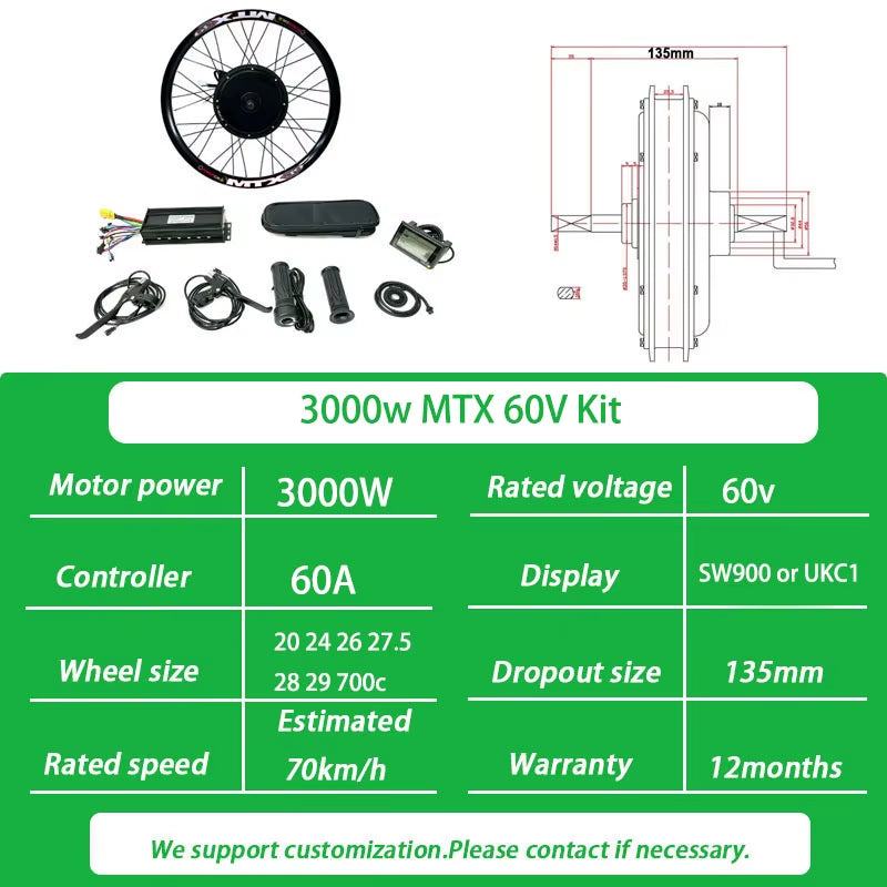 72V 3000W Ebike Conversion Kit Brushless Gearless Rear Rotate Hub Motor Wheel Speed 100-105Km/H for Electric Bike Kit 20-29Inch