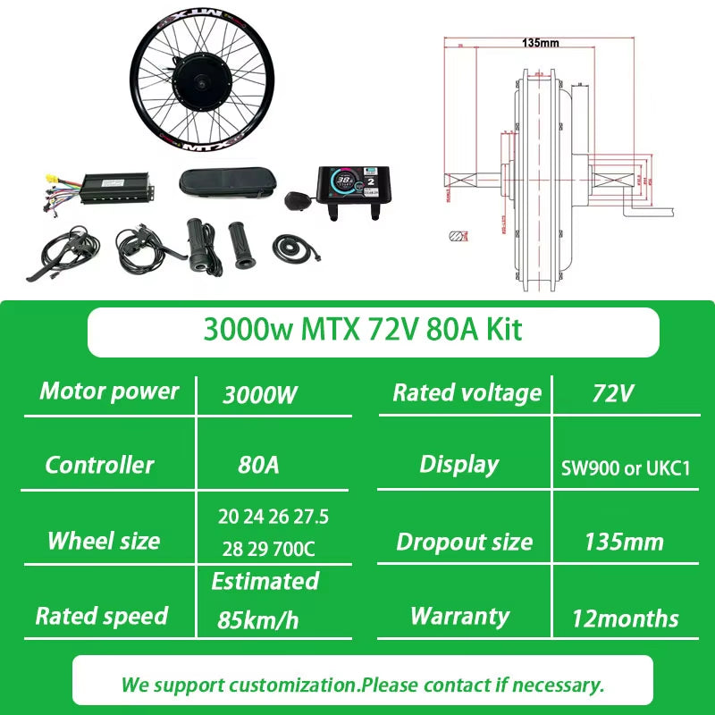 72V 3000W Ebike Conversion Kit Brushless Gearless Rear Rotate Hub Motor Wheel Speed 100-105Km/H for Electric Bike Kit 20-29Inch
