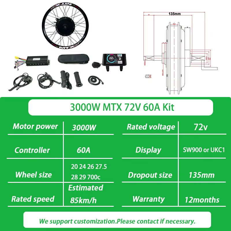 72V 3000W Ebike Conversion Kit Brushless Gearless Rear Rotate Hub Motor Wheel Speed 100-105Km/H for Electric Bike Kit 20-29Inch