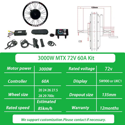 72V 3000W Ebike Conversion Kit Brushless Gearless Rear Rotate Hub Motor Wheel Speed 100-105Km/H for Electric Bike Kit 20-29Inch