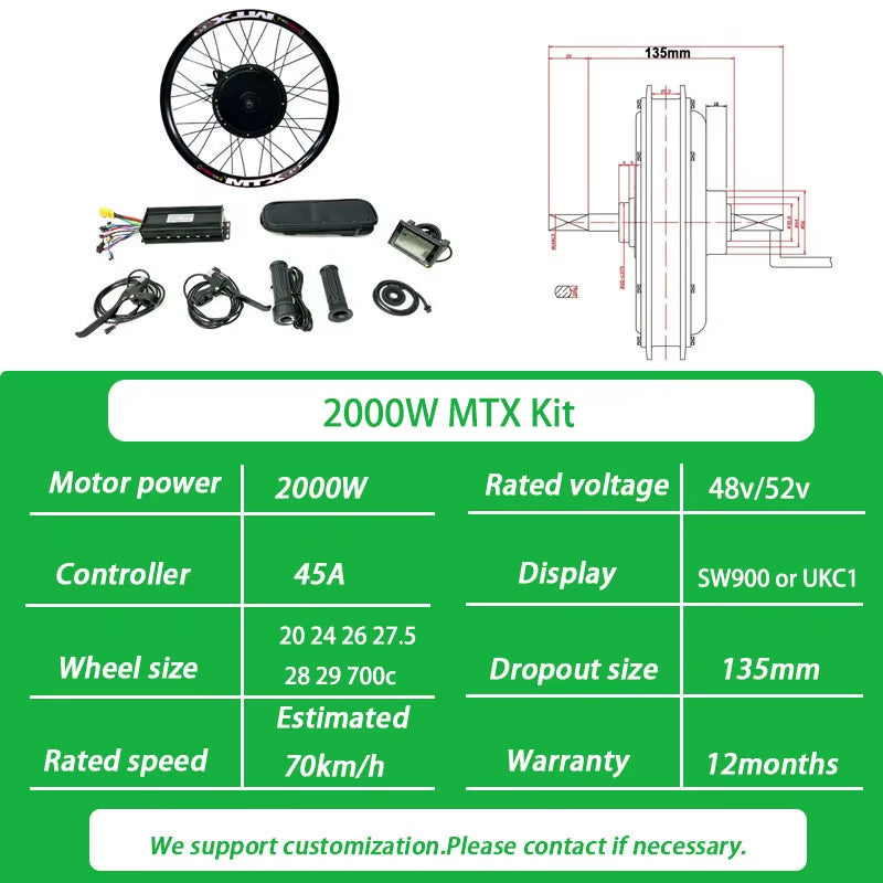 72V 3000W Ebike Conversion Kit Brushless Gearless Rear Rotate Hub Motor Wheel Speed 100-105Km/H for Electric Bike Kit 20-29Inch