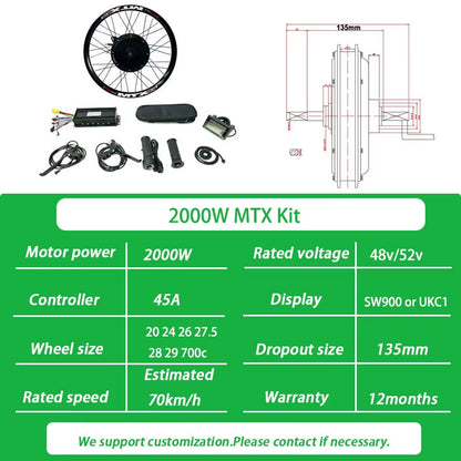 72V 3000W Ebike Conversion Kit Brushless Gearless Rear Rotate Hub Motor Wheel Speed 100-105Km/H for Electric Bike Kit 20-29Inch